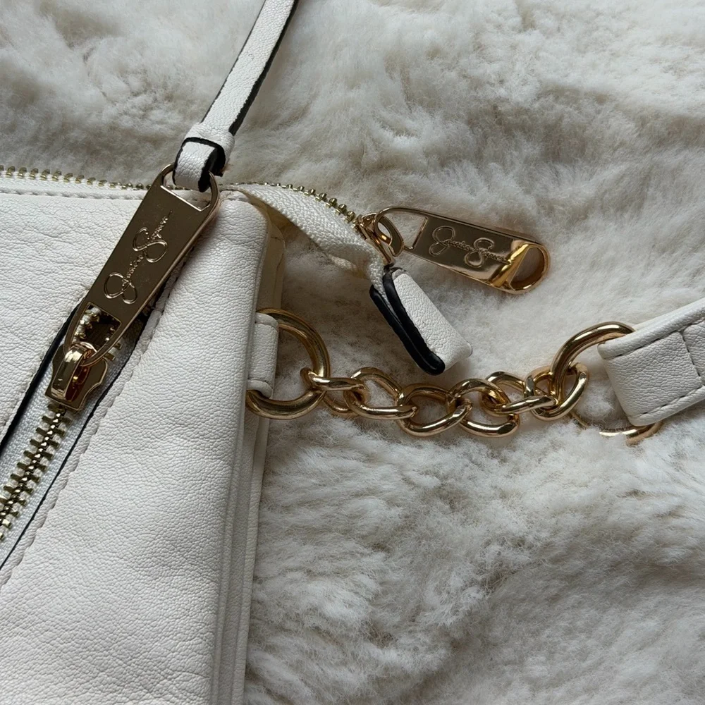 Jessica Simpson White Faux Leather Crossbody with Gold Chain Accents
